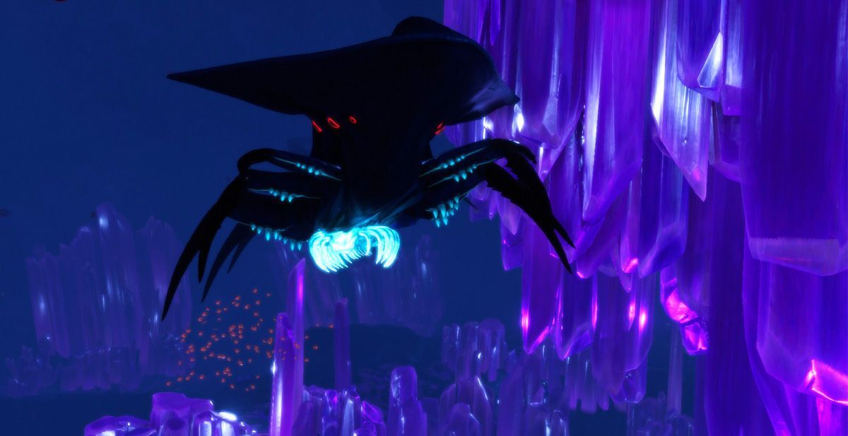 Subnautica Below Zero Shadow Leviathan in Crystal Caverns showing a dangerous deep biome to avoid early