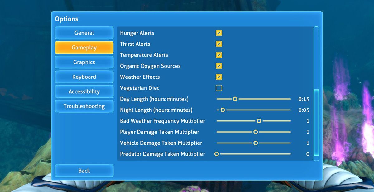 Subnautica Below Zero options menu showing hunger, thirst and temperature alerts to keep enabled for survival