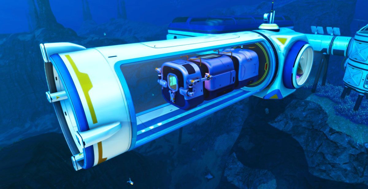 Subnautica Below Zero Seatruck Dock showing the vehicle and attached modules connected to a base