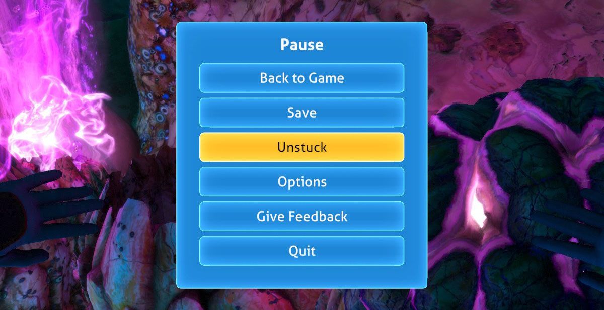 Subnautica Below Zero pause menu with the Unstuck button used to return to a safe position when trapped